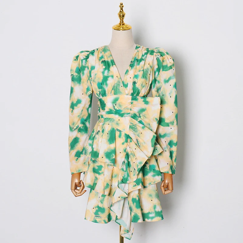 

Patchwork Ruffle Mini Dresses Female Autumn New Clothing Vintage Dress For Women V Neck Long Sleeve High Waist