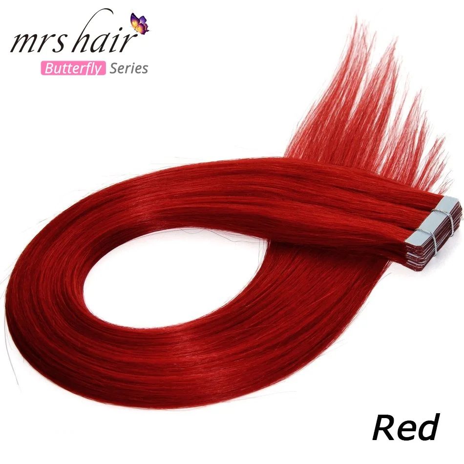 MRSHAIR, цветные человеческие волосы на Клейкой Ленте, двухсторонняя кожа, уток, ПУ волосы, не Реми, красные, фиолетовые, синие, розовые, серебряные - Цвет: Красный
