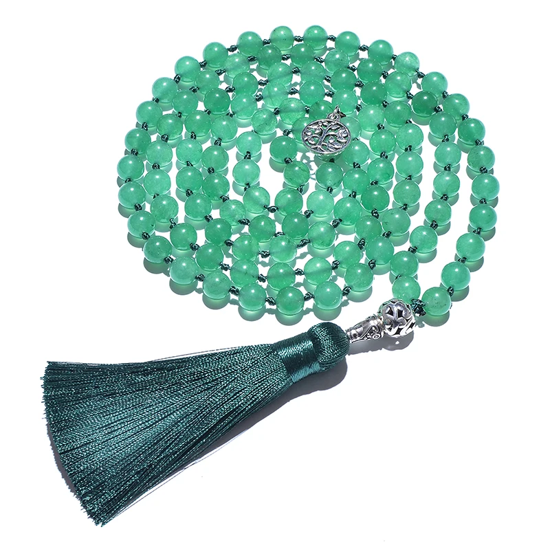 108 Count 8mm Green Aventurine Jade Beads Knotted Japa Mala Necklace Meditation Yoga Prayer Rosary for Men and Women Jewelry