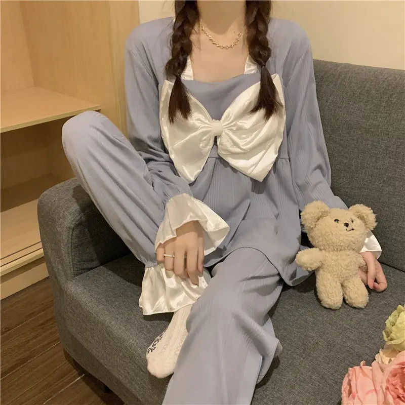 QWEEK Pajamas for Women Solid Color Square Collar Bow Pijamas Flared Sleeves Pyjamas Sleepwear Spring Autumn Home Clothes Cute