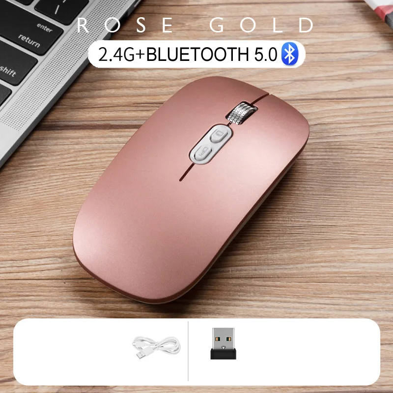 Rose Gold Элегантная перезаряжаемая Bluetooth 5,0 Беспроводная Бесшумная оптическая мышь с двойным режимом 2,4G Бесшумная эргономичная мышь для ноутбука - Цвет: Rose Gold