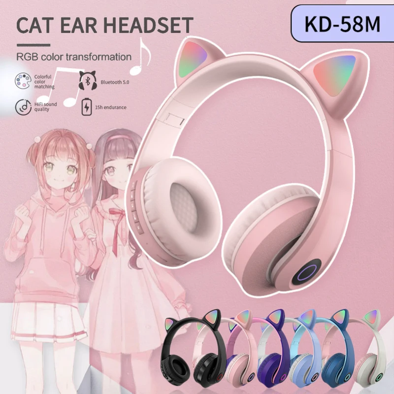 

Cat Ears Cute Style Wireless Bluetooth-compatible Headband Game Headphone For Grils Gift Colorful BT Headset Beauty Headphone