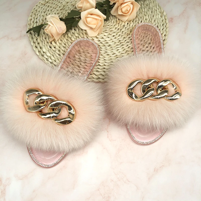 Summer Jelly Shoes Plush Fur Slippers Women Real Fox Slides Outdoor Flat Sandals Big Size For Flip Flops | Обувь