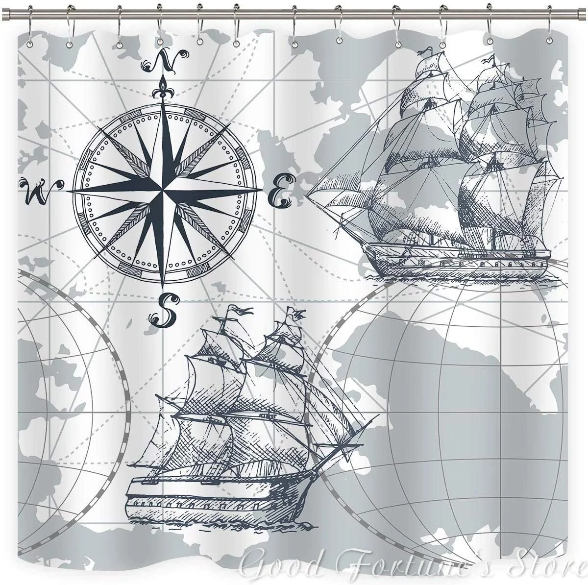 

Sailboat Map Of The New World And Famous Landmark Animal World Shower Curtain Bathroom Decoration