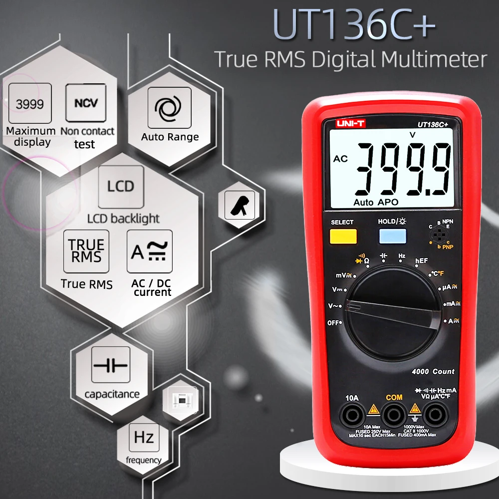 UNI T UT136B +/UT136C + мультиметр Цифровой тестер AC DC Вольтметр Амперметр Ом Емкость HFE