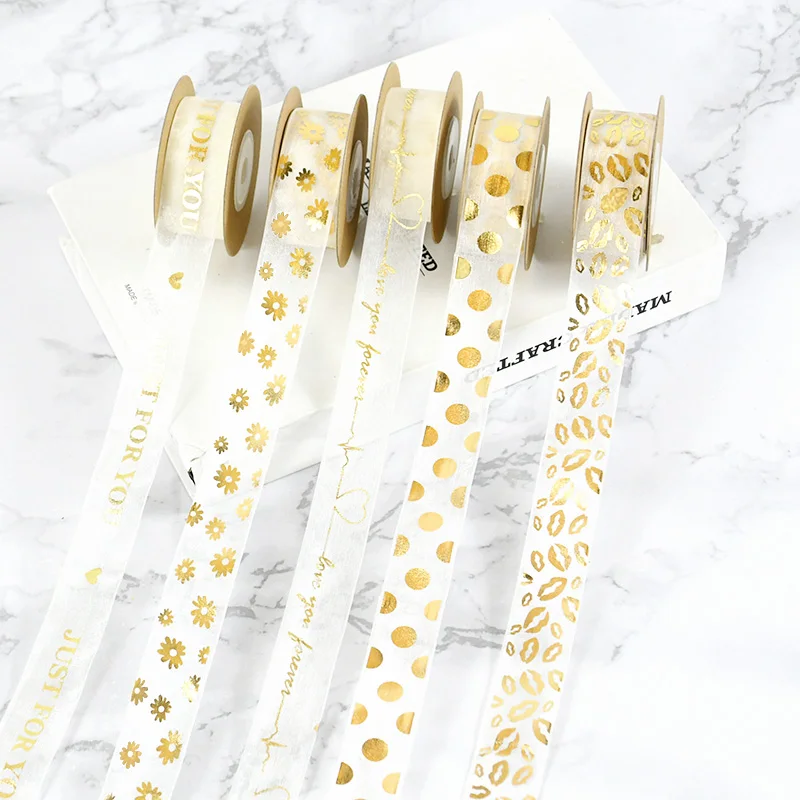 

10m/roll Bronzing Lips Dot Letter Printed Ribbon Polyester Chiffon Organza Wedding Decor Valentine's Day Gift Bouquet Wrapping