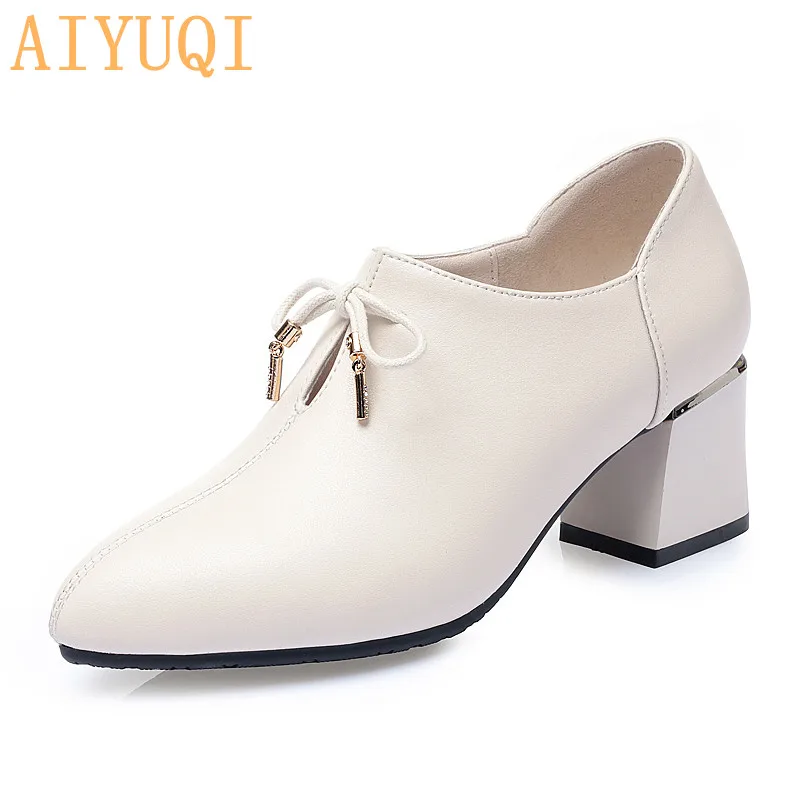

AIYUQI Spring Shoes Women 2021New Genuine Leather Women's Shoes Pointy Thick Heel Fashion Bow Large Size Women's Shoes