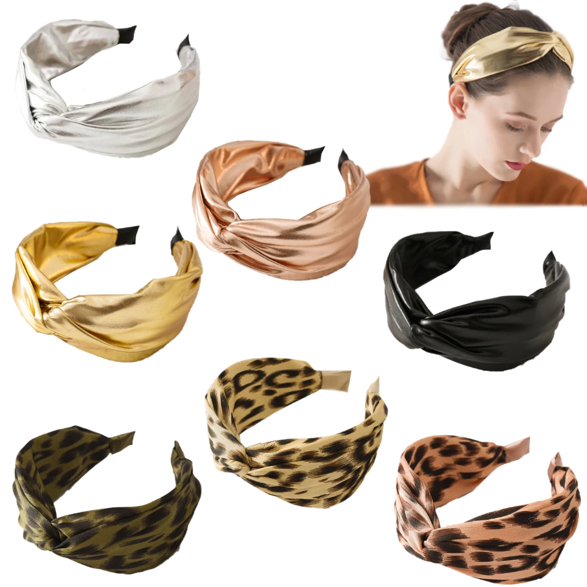 

Women Top Knotted Headband Glitter Leather Headband Leopard Hairband Girls Bow Cross Turban Headwear Headress Hair Accessories