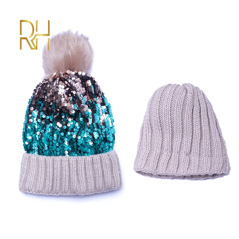 Шапки с помпонами теплые вязаные помпоном женская меховая шапка из меха енота