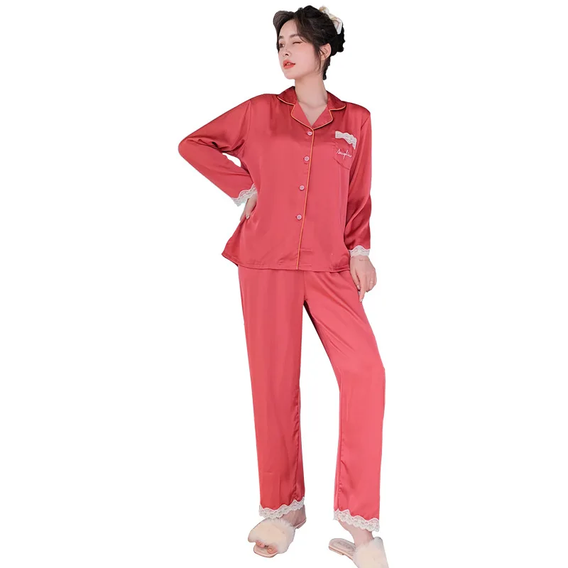 2021 New Women's Pajamas Spring Autumn Long Sleeve Ice Silk 2Pcs Set Fashion Solid Color Loose Home Clothes Fashion Sleepwear