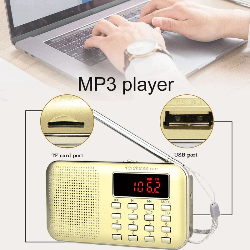 Портативный радиоприемник RETEKESS PR11 FM AM двухдиапазонный цифровой мини с USB mp3