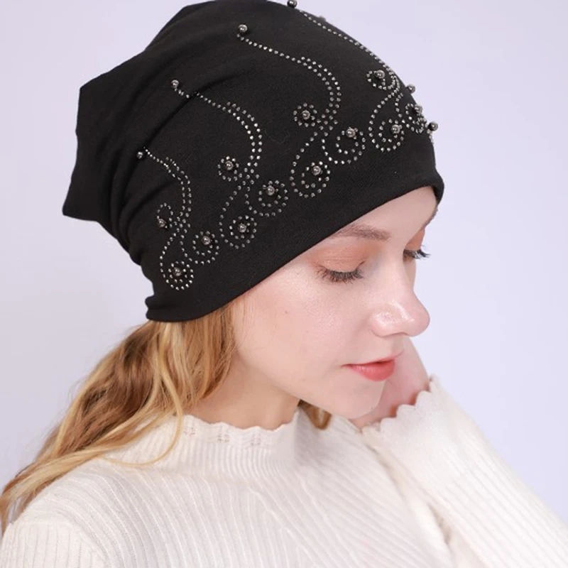 

Fashion Ladies Female Casual Hat Shiny Rhinestone Beanie Autumn Winter Women Soft Cap Bonnet