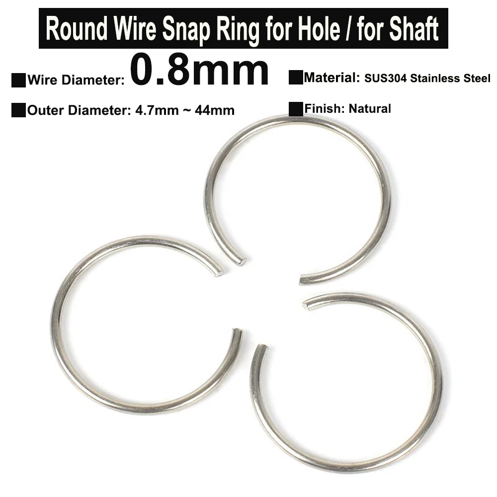 10Pcs Wire Diameter φ0.8mm SUS304 Stainless Steel Round Wire Snap Rings for Hole Retainer Circlips for Shaft OD=4.7mm~44mm