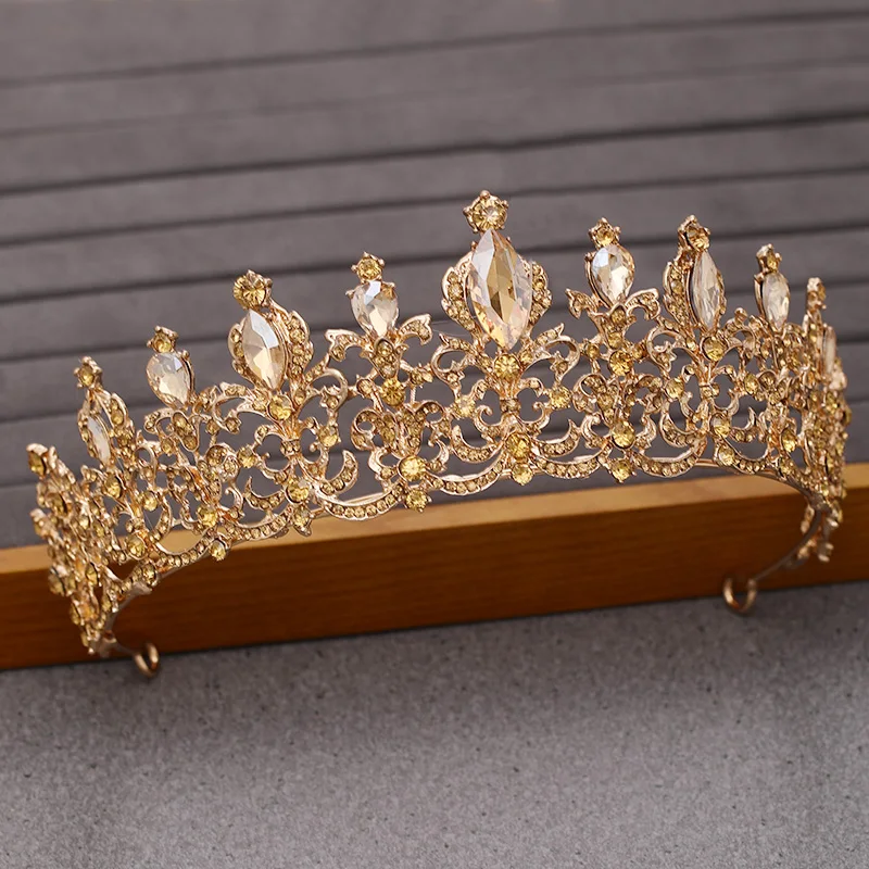 Bridal Tiaras and Crowns Hair Jewelry Champagne Gold Crystal Rhinestone Wedding Accessories Crown Queen Diadem Ornament | Украшения и