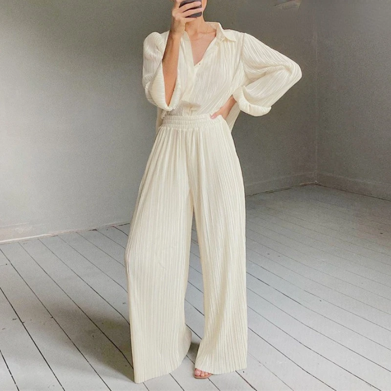 

Loose Blouse Shirt Sets Oversized PantsPleated Wide Leg Pants Sets Women Elastic High Waist Ruched Palazzo Pants