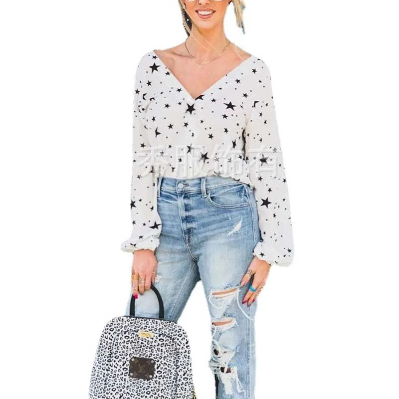 

Рубашка с открытой спиной, весна-лето 2022, модный элегантный шифоновый топ со звездами, женская одежда прямого типа с V-образным вырезом и дли...