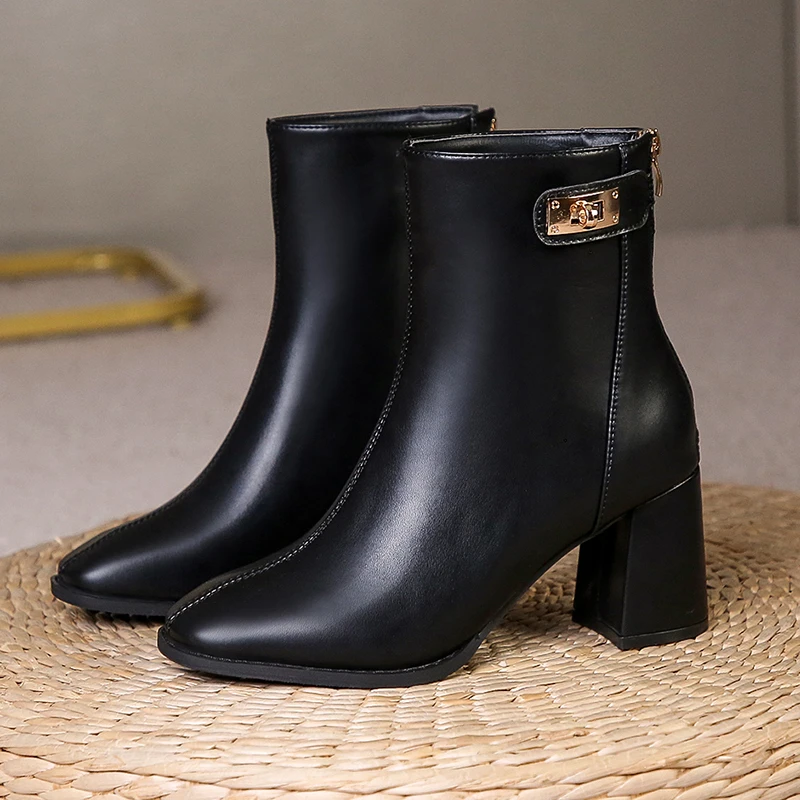 

High-Top Women's Heeled Rubber Leather Ankle Boots Autumn Winter Women Shoes High Heels 7Cm Female Boot Botas De Mujer Plus Size