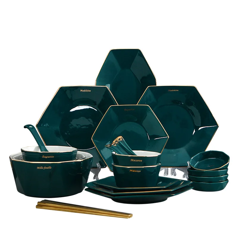 

Green glazed diamond tableware Bowl Bowl tableware set household creative ceramic rice bowl chopsticks spoon