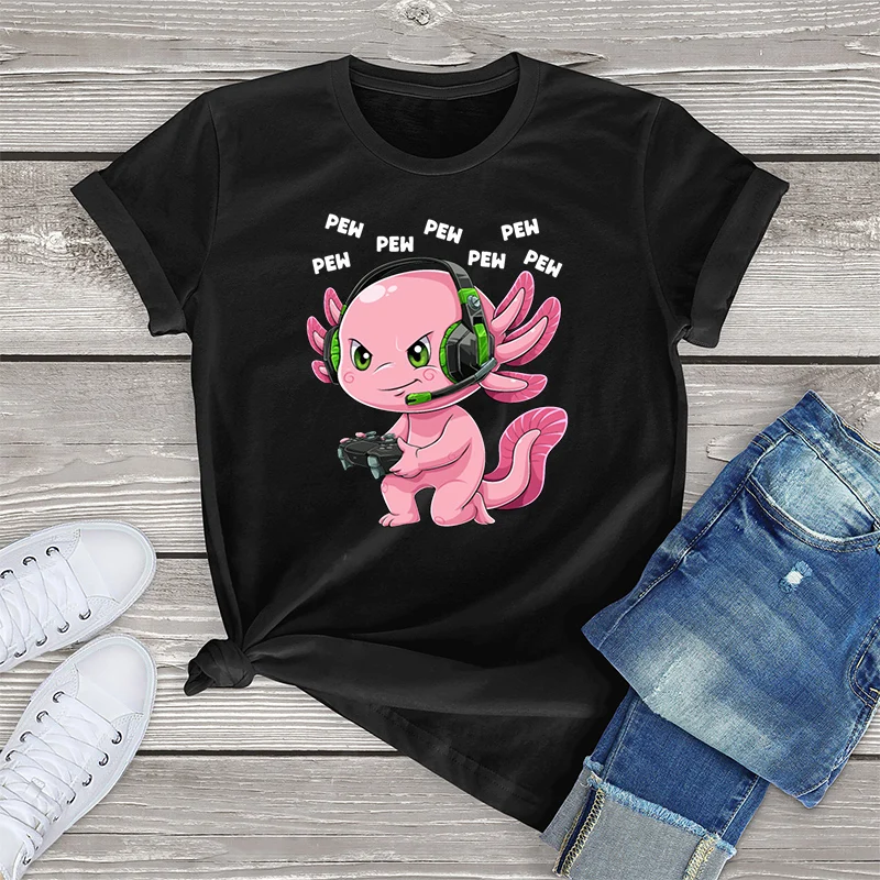 

100% Cotton Kawaii Axolotl Video Games Tee Shirts Video Gamer Axolotl Tops Unisex Clothes Female Oversized T-Shirt