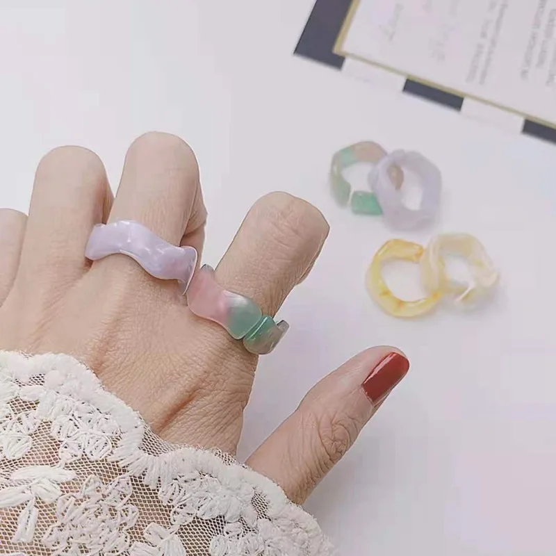 

Colourful Y2K Waves Rings Purple Green Party Photo Ring Resin Acrylic Acetic Acid Rings Set For Women Jewelry Travel Gifts