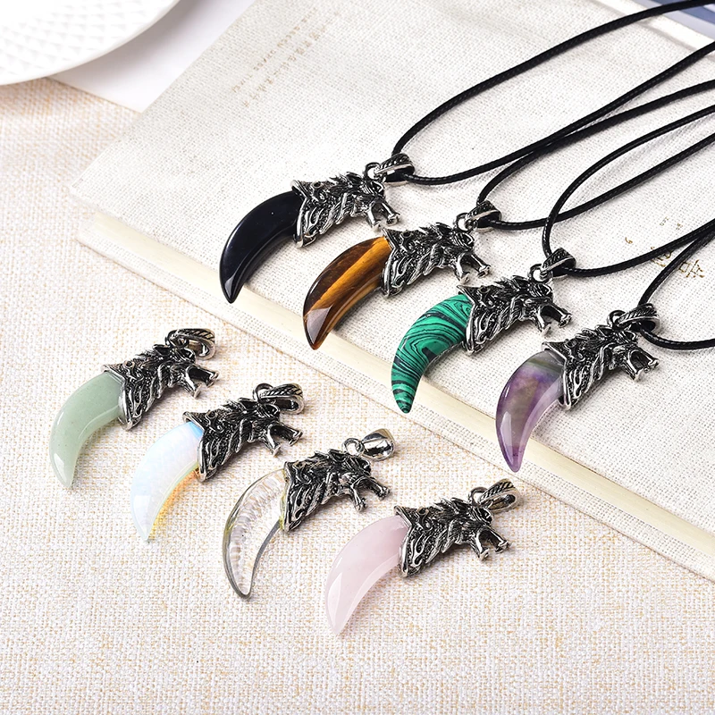 

1PC Natural Crystal Point Pendant Wolf Tooth Amethyst Opal Handmade Mineral Jewelry Chain For Men Women Jewelry Amulet Souvenir