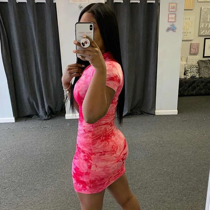 

Imcute Summer Tie Dyeing Print Front Zipper Dress Fashion Women Deep V-Neck Short Sleeve Bodycon Mini Dress Outfit Casual Dress