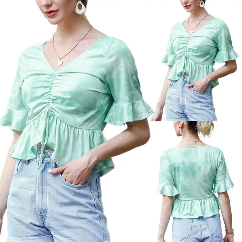 

Women Short Sleeve V-Neck T-Shirt Tie Dye Blouse Tops Summer Casual Tunic Lotus Leaf Sleeve Tee Shirts Fashion Cotton Linen Tees