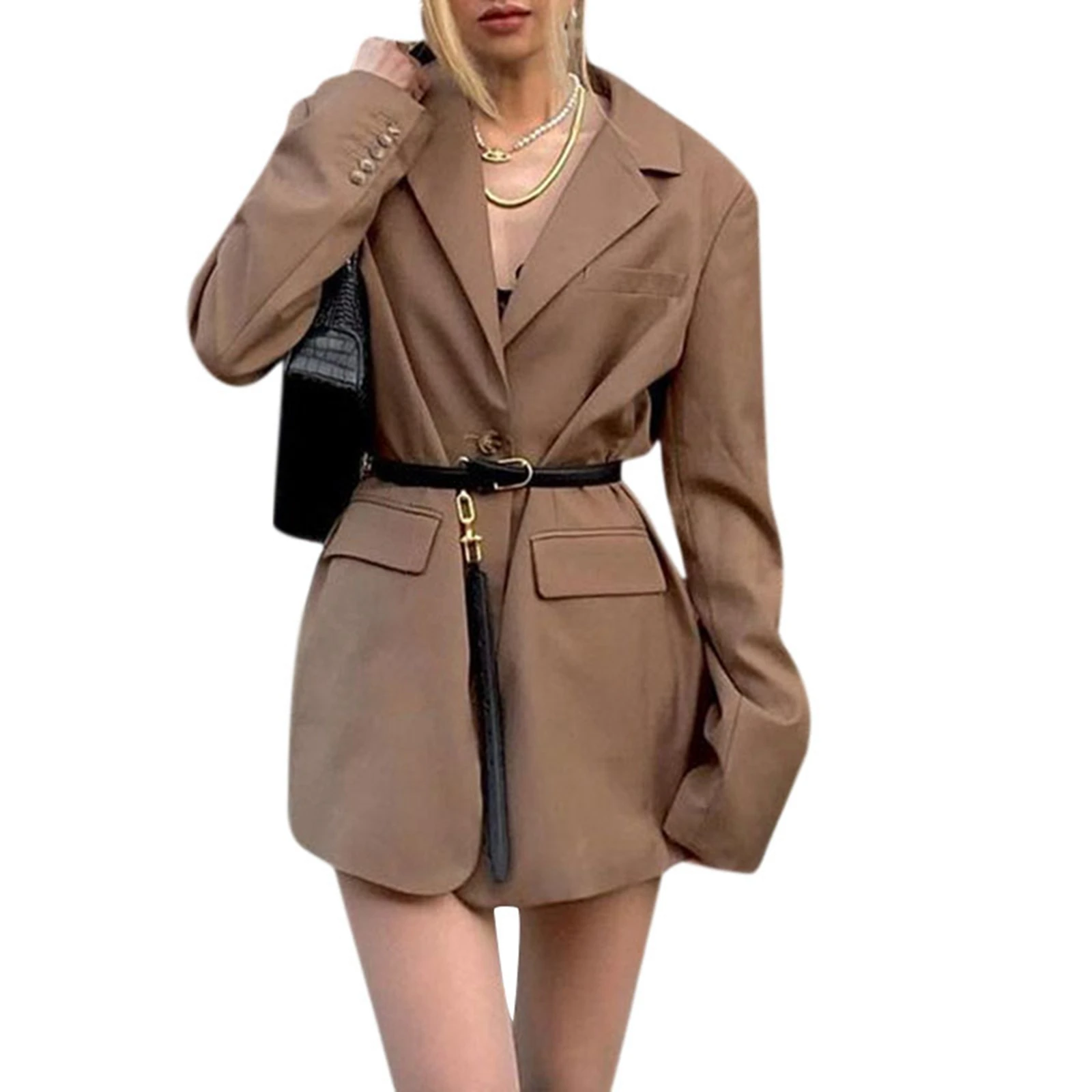 

Блейзер цвета хаки в британском стиле с отложным воротником и длинным рукавом