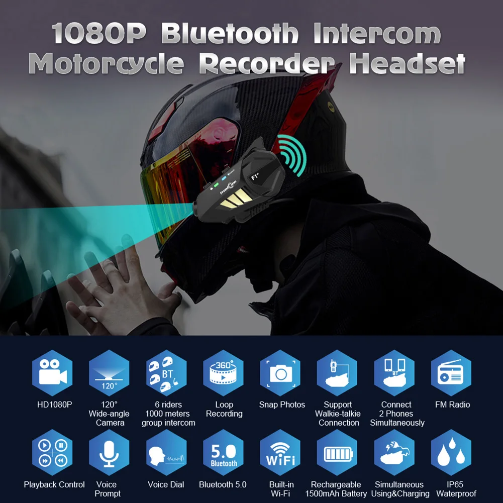 

F1+Waterproof 5.0 Motorcycle Helmet Intercom Headset for 6 Riders 1080P HD Motorbike DVR Camera WiFi Video Recorder