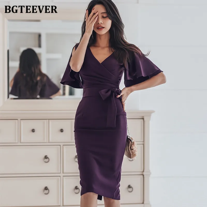 Elegant V-neck Lace Up Ruffles Women Dress Sexy Hip Package Mid-length Cloak Sleeve Female 2021 OL Style vestidos femme | Женская одежда