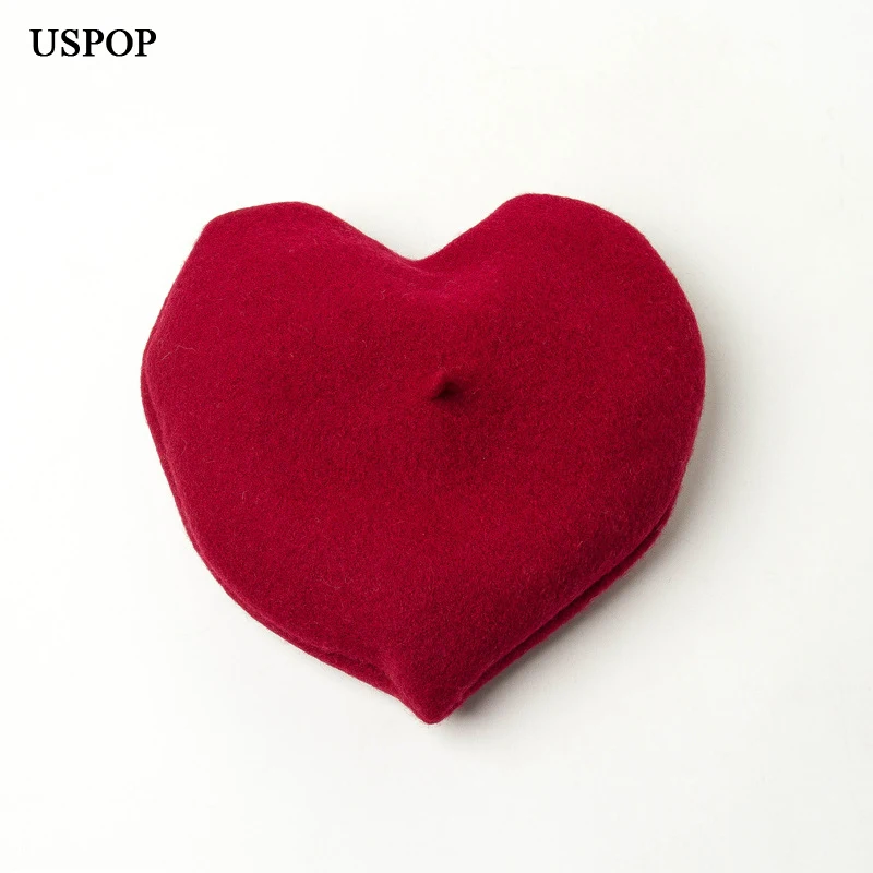 USPOP новые модные женские береты, женский зимний шерстяной берет, берет в форме сердца, одноцветные теплые шерстяные шапки