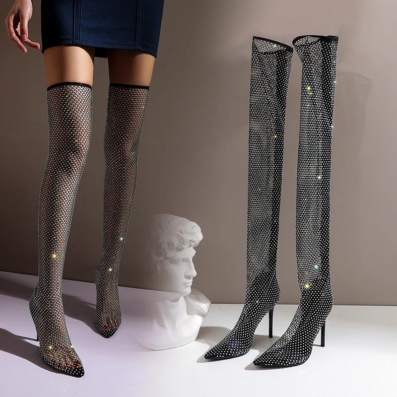 

Women over-the-knee Boots plus size 22-28cm length Diamond-encrusted mesh super high heel online celebrity Nightclub boots sexy