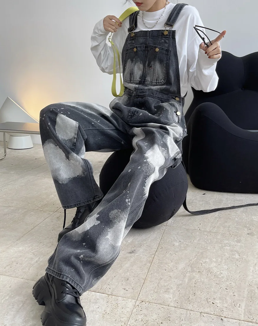 Spring Autumn New Female Street Cool Black Gray Washed Denim Overalls High Waist Loose Casual Jean Jumpsuits for Women Y1573