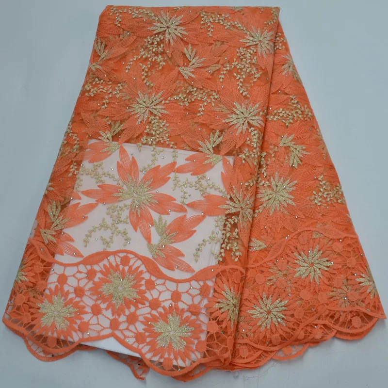 

( 5yards/pc ) Wholesales orange color African net lace fabric with beautiful embroidery and stones for party uniform FLP1054