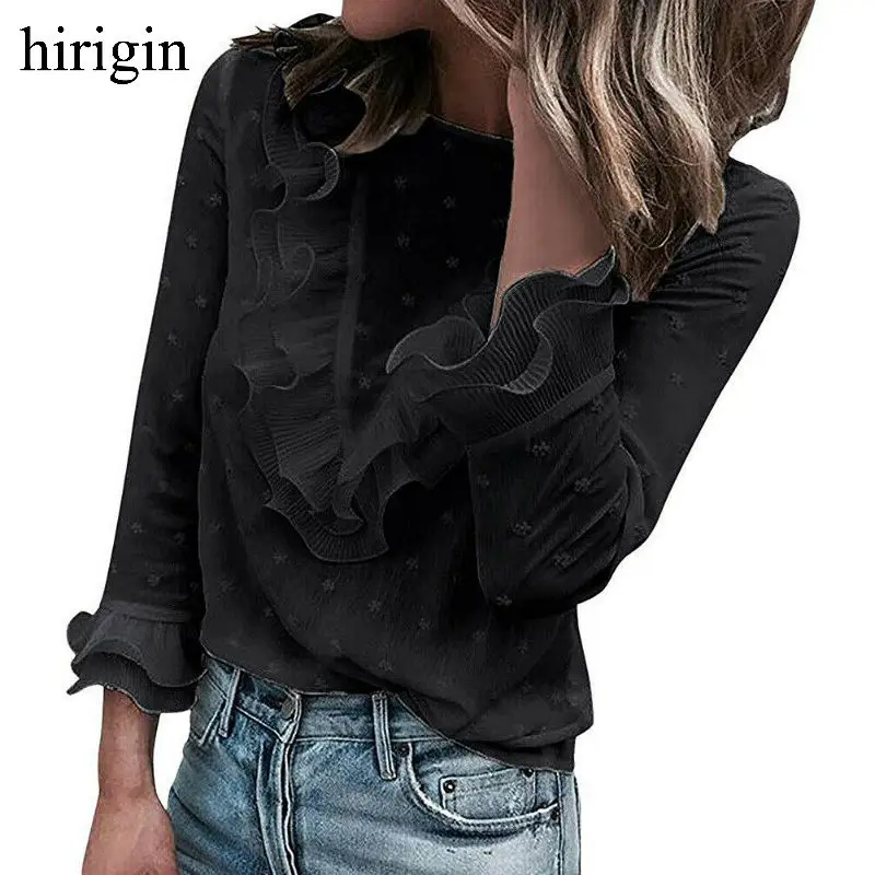 

Женская блузка с оборками hirigin, повседневная кружевная черная рубашка в горошек с круглым вырезом и длинным рукавом, весна-лето 2020