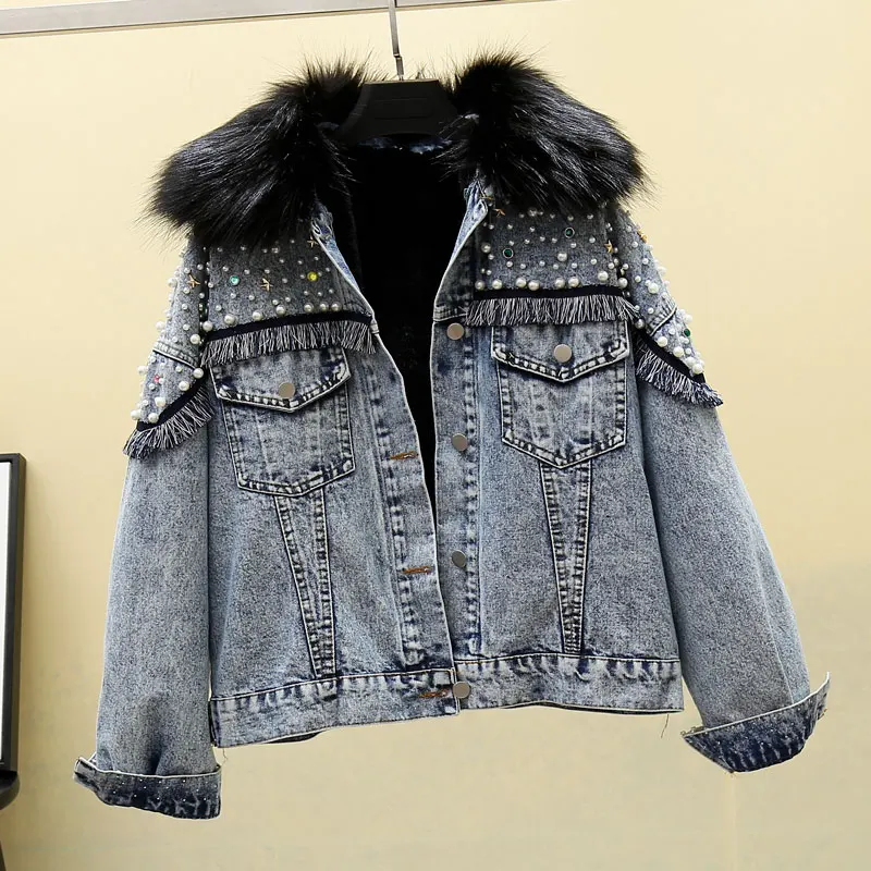 blue coat black fur Зимняя женская джинсовая куртка с мехом, Женская парка, новинка, черное джинсовое пальто женское джинсовое пальто с заклепками и стразами, шерстяная подкладка - Цвет: blue coat black fur