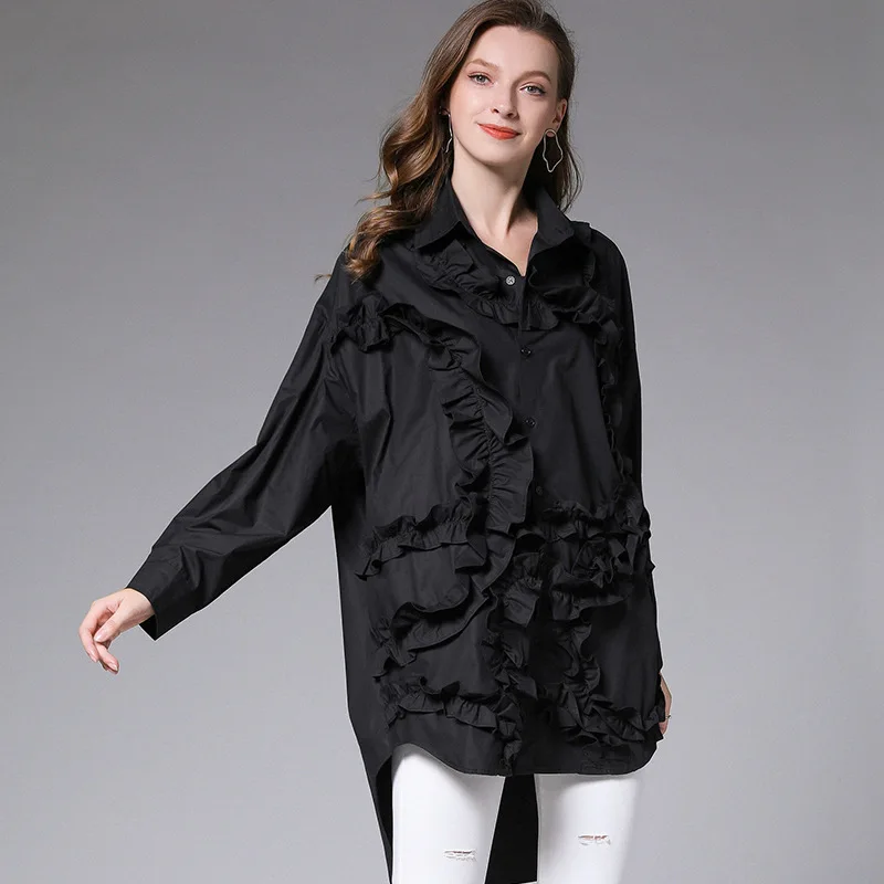 Рубашка LANMREM женская винтажная однотонная с поясом большого размера PD558 |