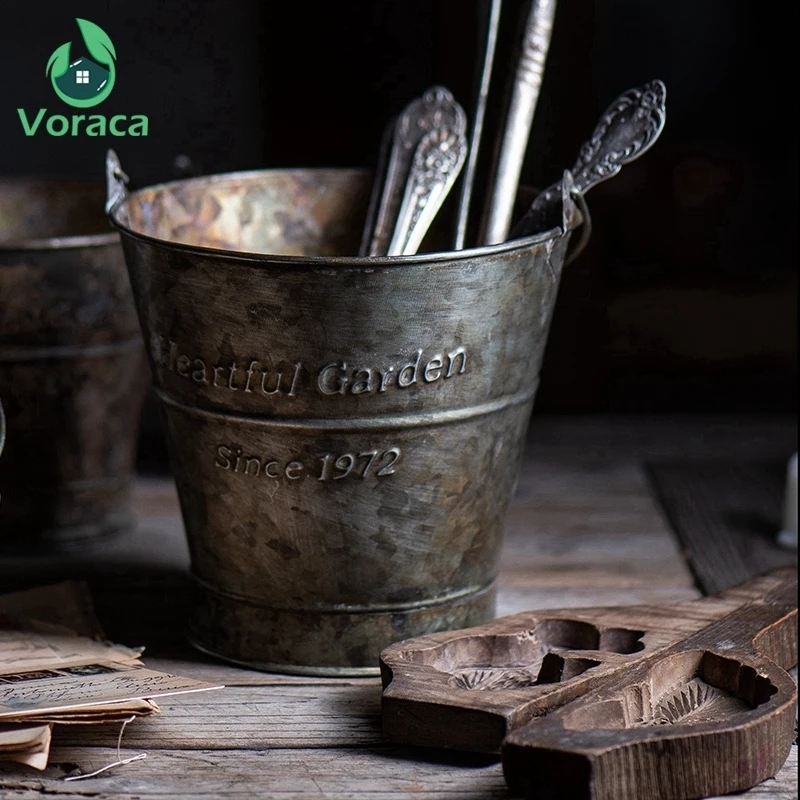 Винтажное ведро с железной ручкой металлическая Ретро английская печать кованая