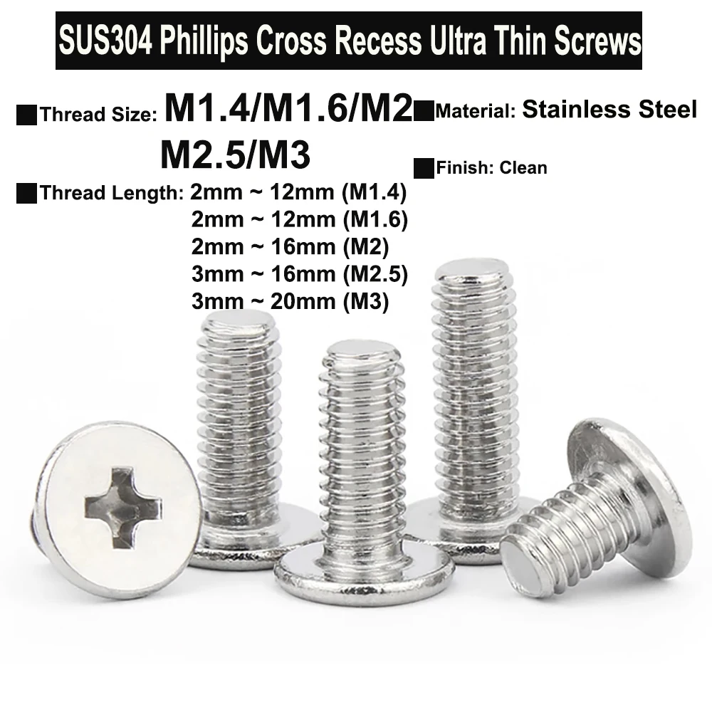 

50Pcs / 30Pcs M1.4 M1.6 M2 M2.5 M3 SUS304 Stainless Steel Phillips Cross Recess Ultra Thin Oversized Round Head CM Screws