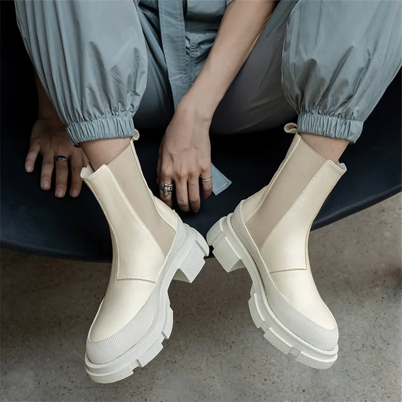 

Meotina Chelsea Boots Women Shoes Real Leather Platform Mid Heel Ankle Boots Slip-On Block Heels Short Boots Lady Autumn Size 40