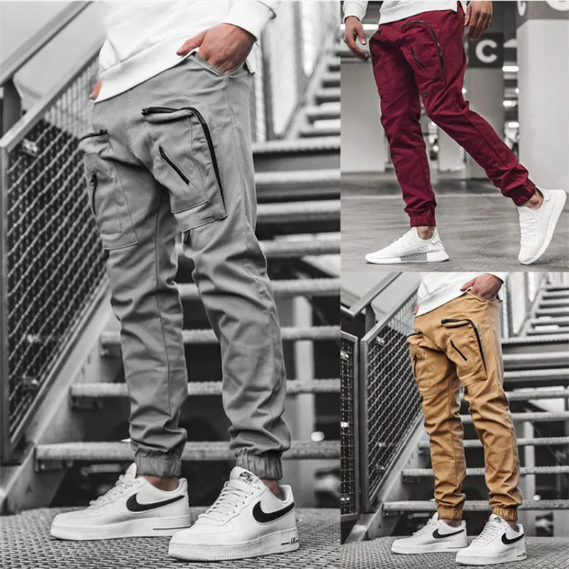 

New Mens Jogger Sweatpants Man Gyms Workout Fitness Multipocket Trousers Casual Fashion Skinny Track Pants Zipper Hip hop Pants