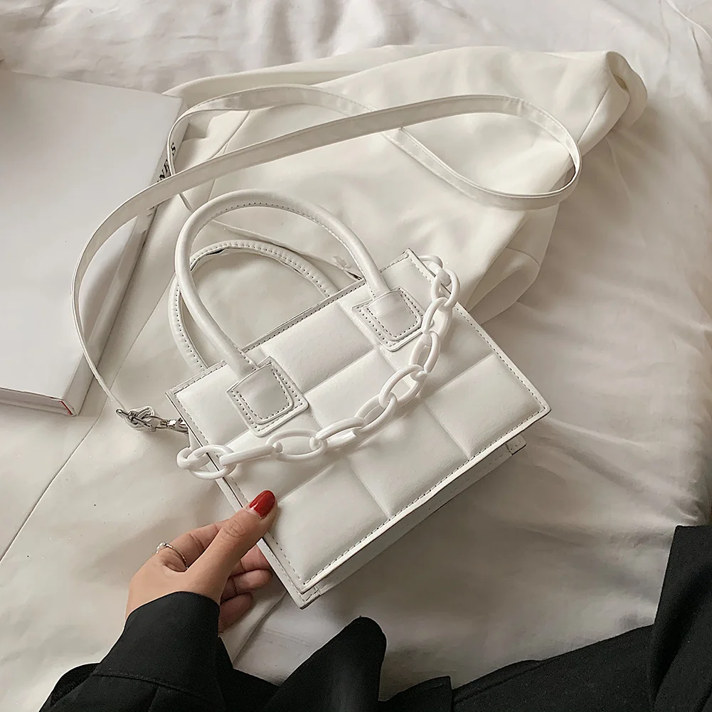 

Fashion Plaid PU Leather Shoulder Messenger Bag Casual Women's Solid Color Thick Chain Mini Handbag Purse