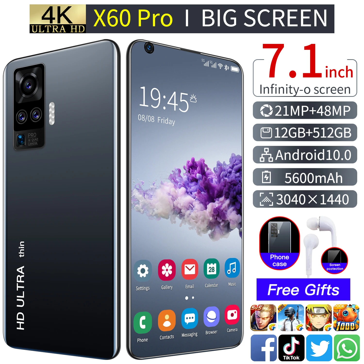 

Global Tong X60 PRO Smartphone 7.1 inch MTK6799 10 Nuclear Face Fingerprint Unlock 5600mAh 12GB-512GB Super Memory Dual Card Dua