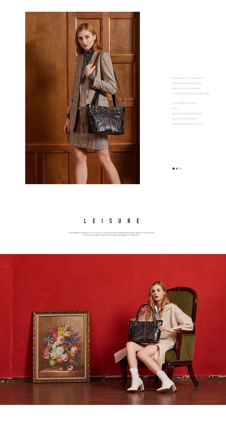 Wmnuo Brand Bag Women's Tote Genuine Leather Handbag For Women Cow Personality Letter Embossing Ladies Shoulder Bag Two Style