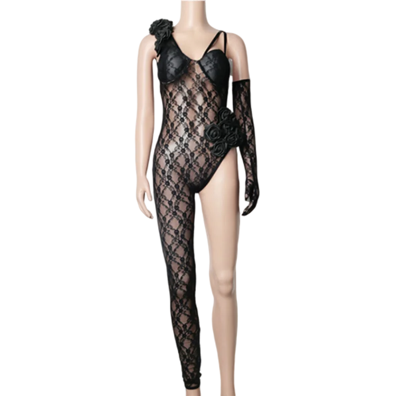 

Black Lace Jumpsuit Sexy Dane Costume Big Hat For Rave Clothes Carnival Roupa Feminina New Nightclub Dress Stage Outfit Beyonce