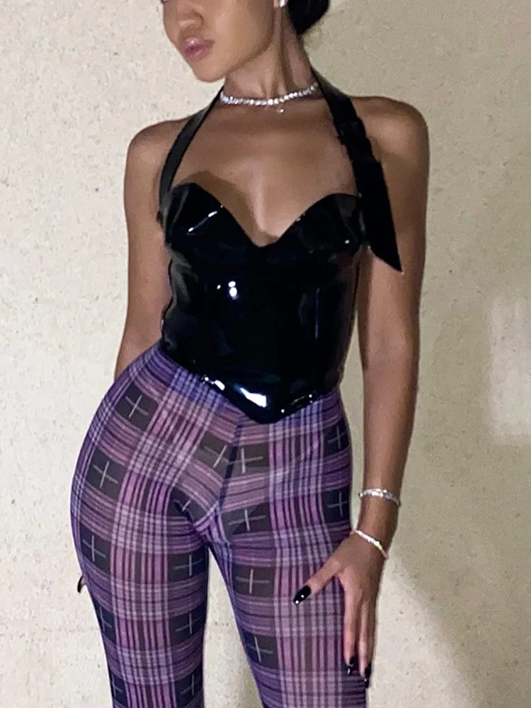 

Highdays 2022 Spring Fashion Women's Corset Pu Leather Halter Neck Vest Shiny Backless Sexy Black Top Low-Cut Slim Strap Camis