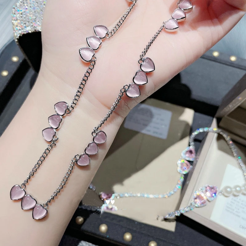 

MENGJIQIAO Korean Trendy Style Pink Opal Heart Necklace For Women Girls Sweet Collares Party Jewelry Kolye Gifts
