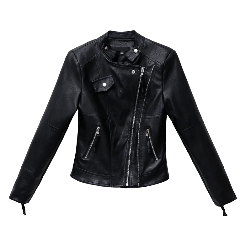 Женская куртка бомбер из искусственной кожи черная короткая на молнии в стиле
