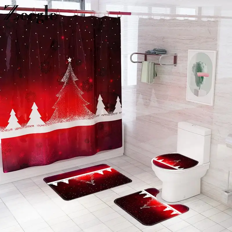 

Набор ковриков для ванной, занавеска для душа из полиэстера с принтом рождественской елки, набор из 4 ковриков для туалета, ванной комнаты