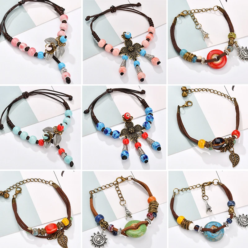 Fashion Ethnic Style High Quality Original Ceramic Bronze Adjustable Handmade Porcelain Beads Rope Bracelets&ampBangle For Women |